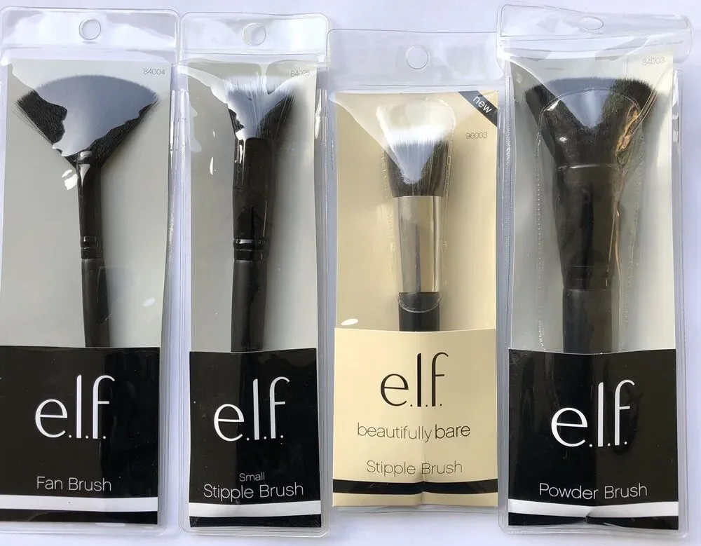Elf Makeup Brushes Black Fan Stipple Powder Synthetic Vegan Friendly Lot of Four